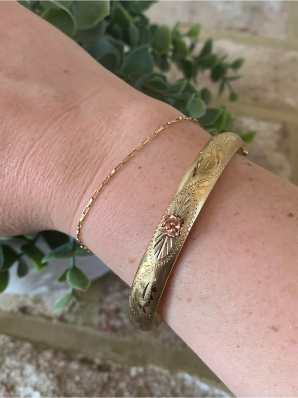 Vintage Gold Tone Floral Engraved Bracelet with Rose Accent